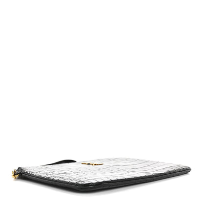 Saint Laurent Calfskin Crocodile Embossed Tablet Pouch Black 4 of 9