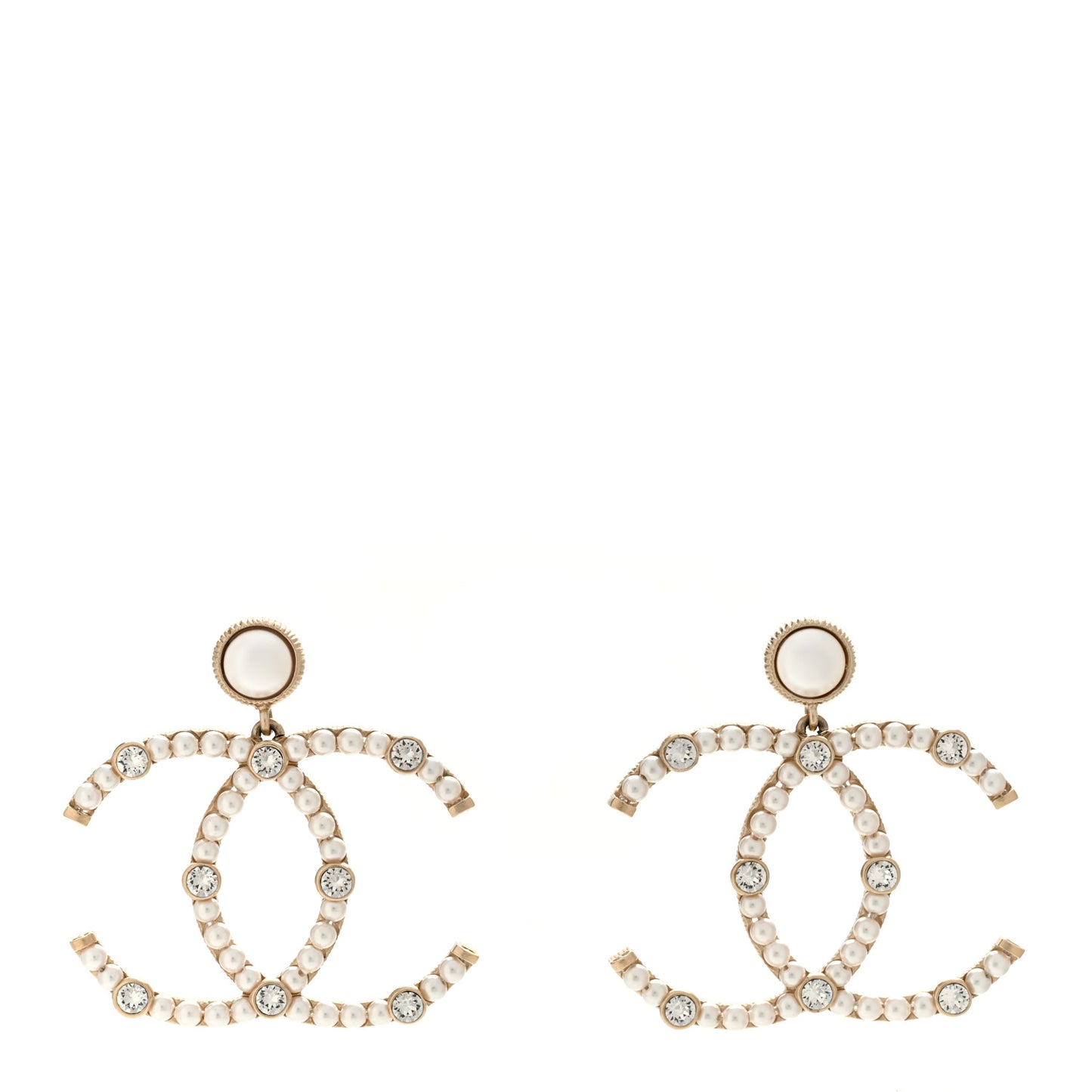 Metal Crystal Pearl CC Drop Earrings Gold