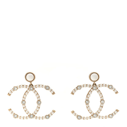 Chanel Metal Crystal Pearl CC Drop Earrings Gold 1 of 4