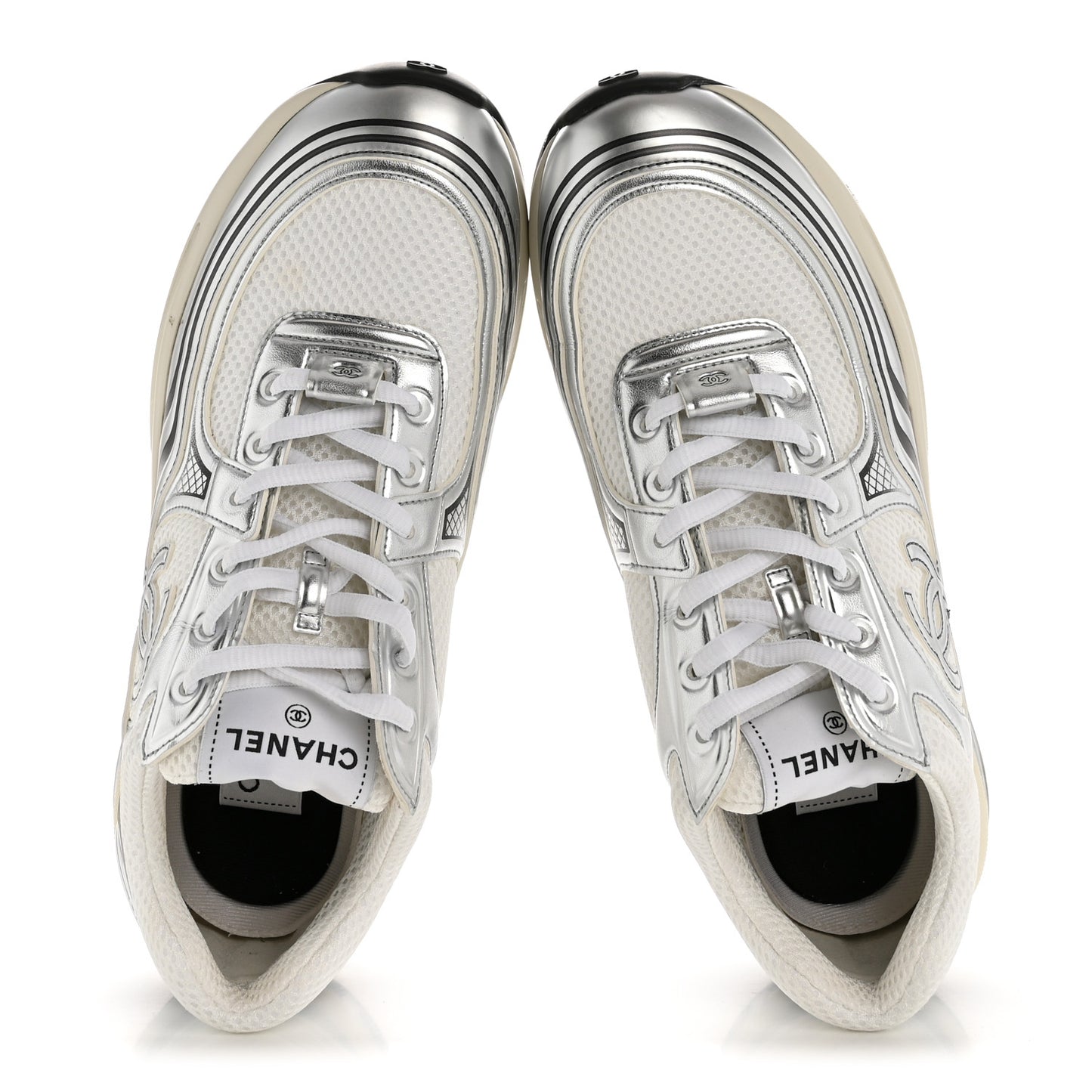 Fabric Laminated Calfskin Stretch CC Womens Sneakers 39.5 White Silver