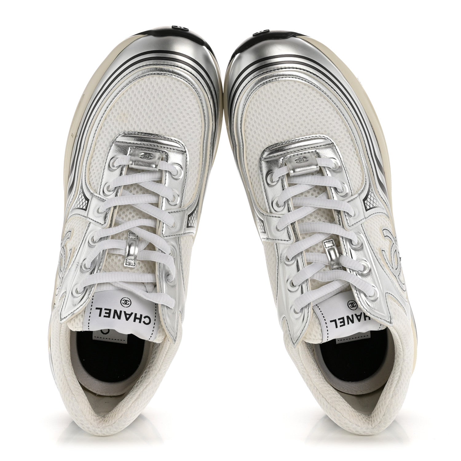 Chanel Fabric Laminated Calfskin Stretch CC Womens Sneakers 39.5 White Silver 2 of 11