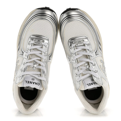 Chanel Fabric Laminated Calfskin Stretch CC Womens Sneakers 39.5 White Silver 2 of 11