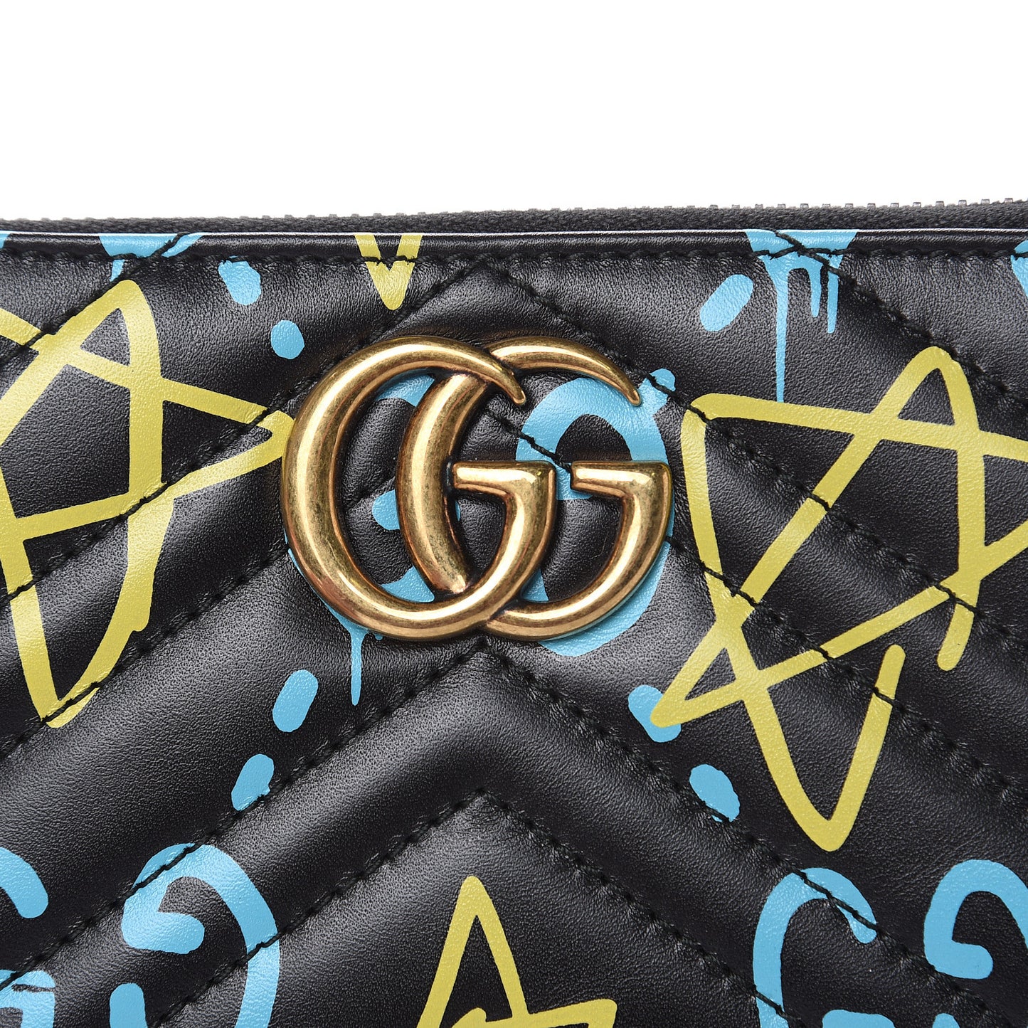 Calfskin Matelasse GucciGhost GG Marmont Zip Around Wallet Black New Acquamarine