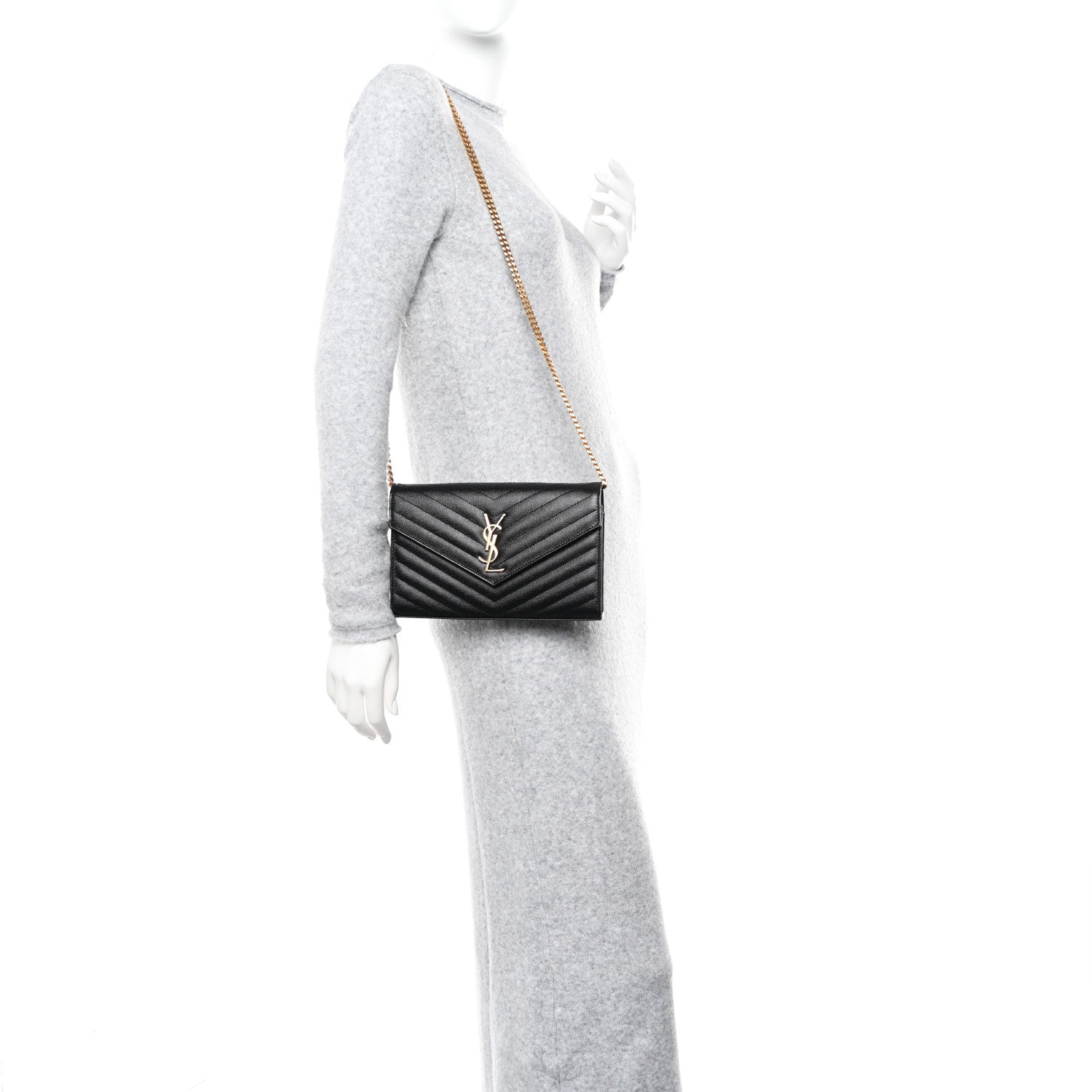 Saint Laurent Grain De Poudre Matelasse Chevron Monogram Chain Wallet Black 2 of 9