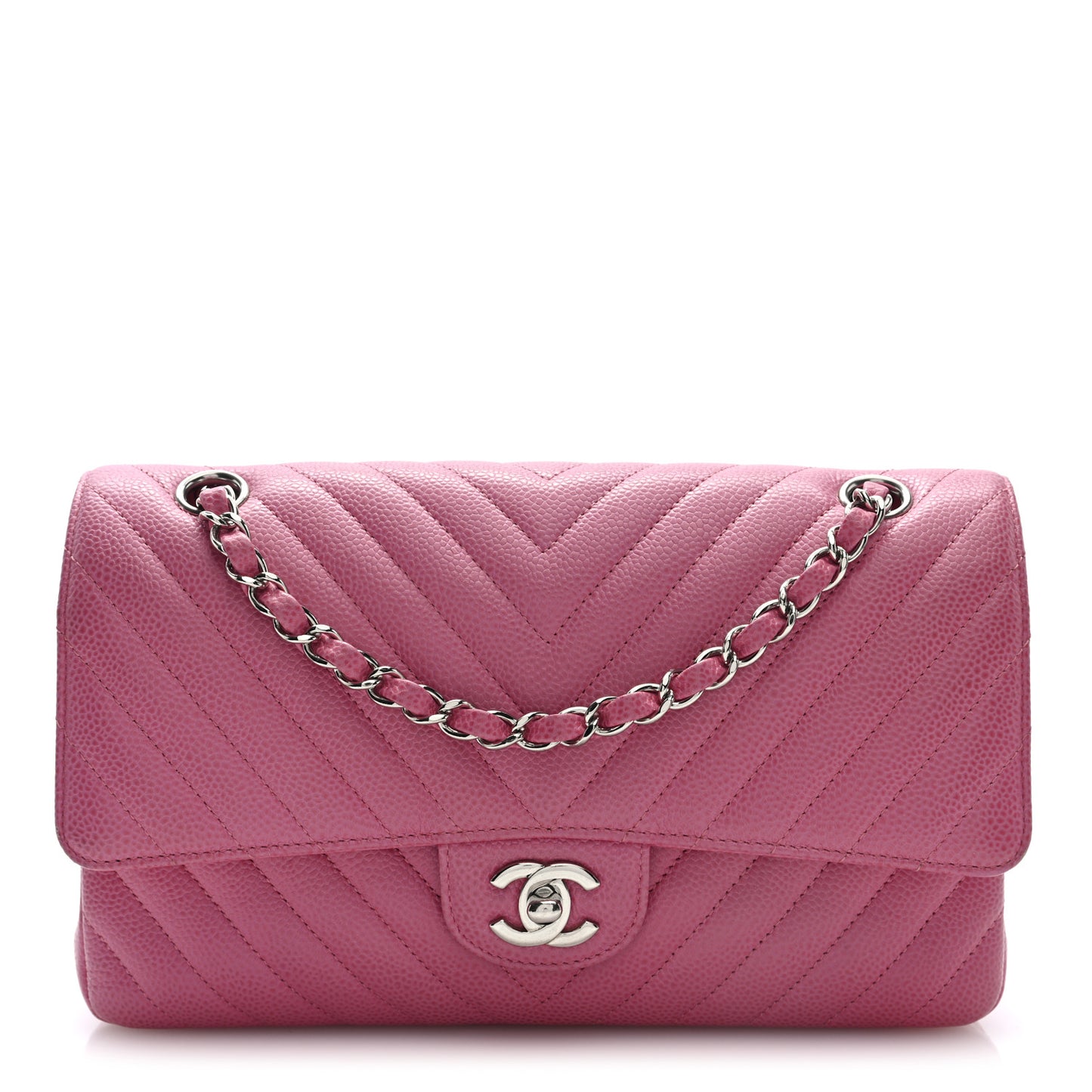 Caviar Chevron Quilted Medium Double Flap Pink