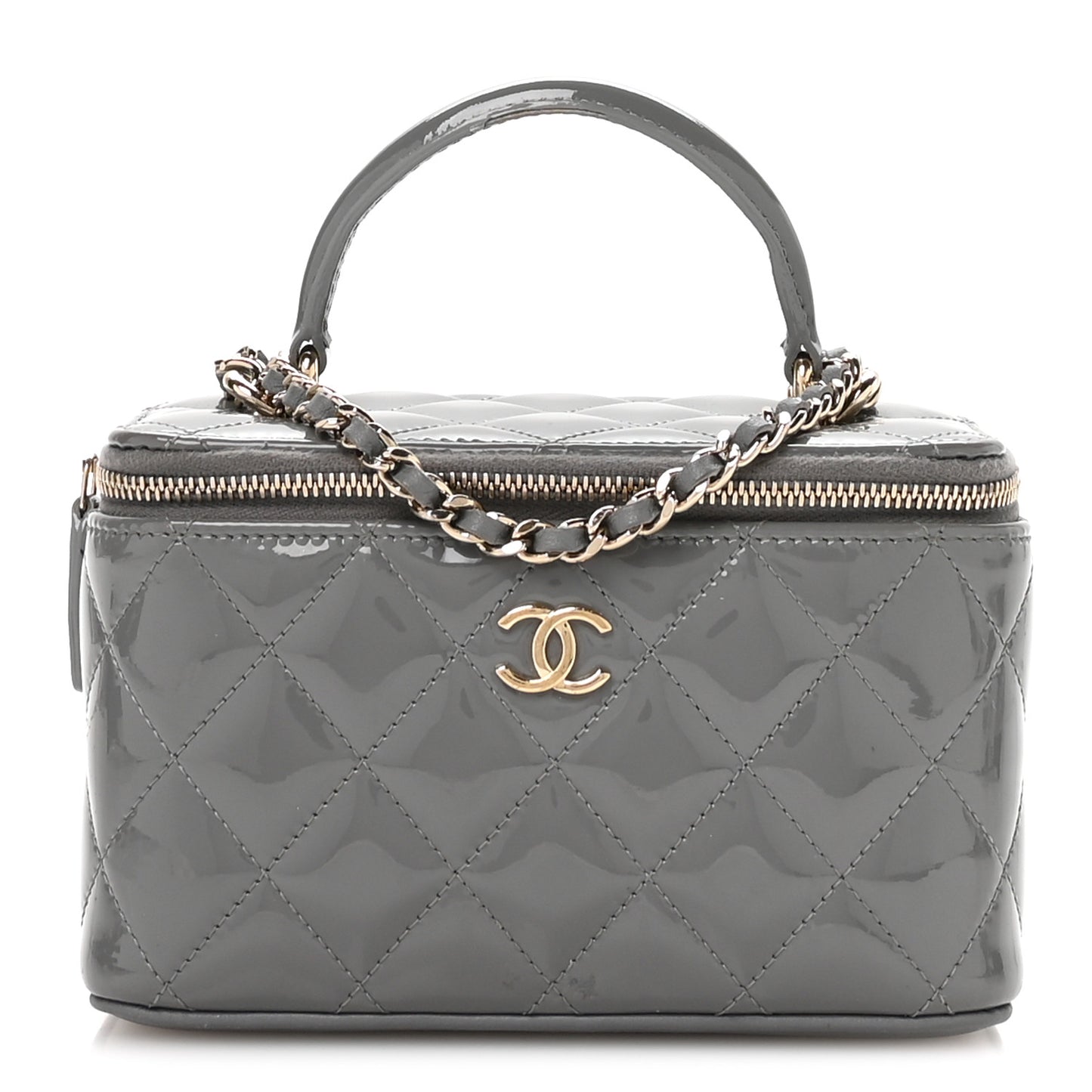 Patent Quilted Quilted Small Top Handle Vanity Case With Chain Grey