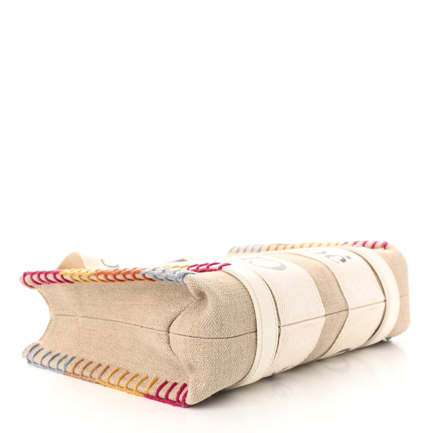 Linen Canvas Calfskin Blanket Stitched Small Woody Ribbon Tote White Multicolor