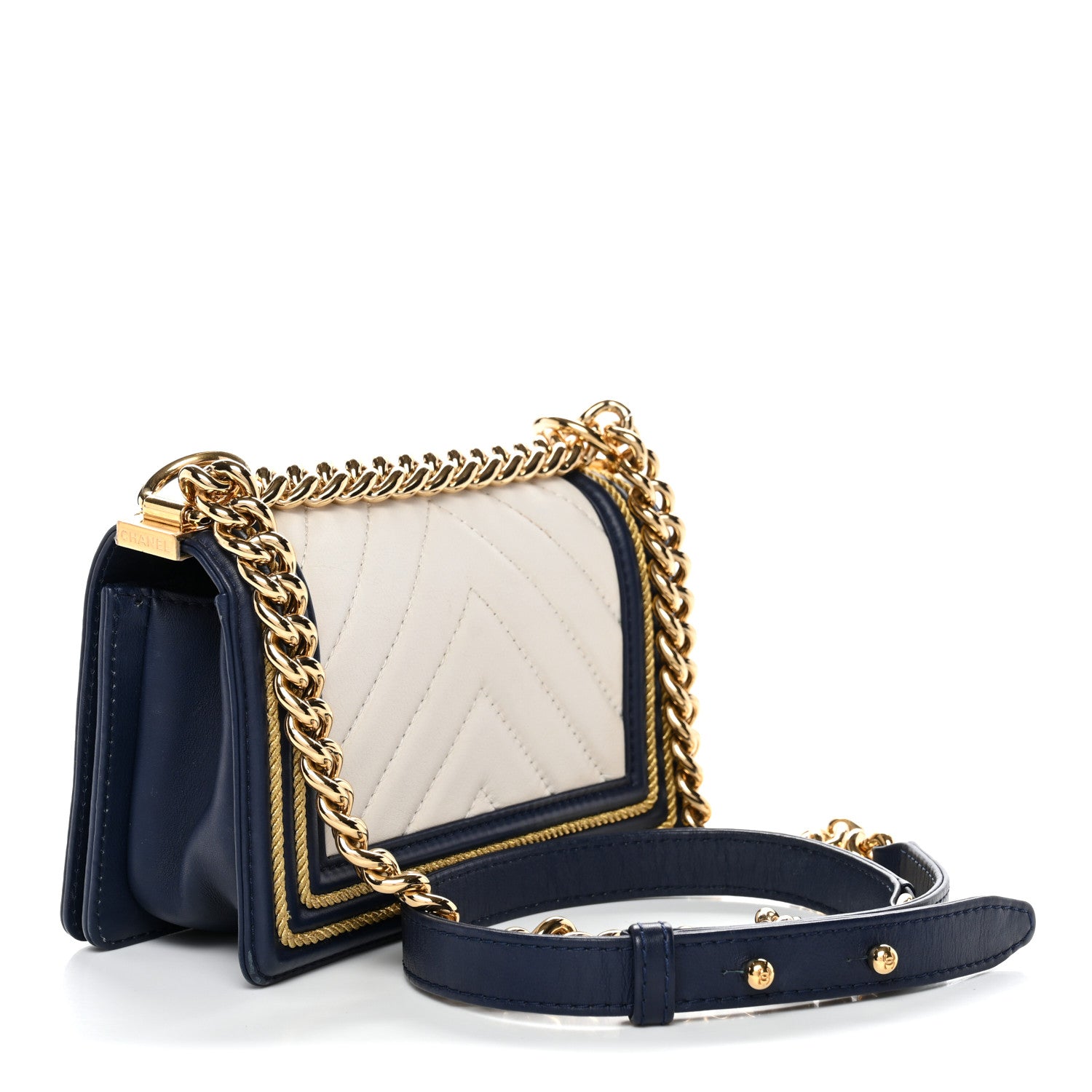 Chanel Calfskin Chevron Quilted Braided Small Boy Flap White Navy 3 of 12