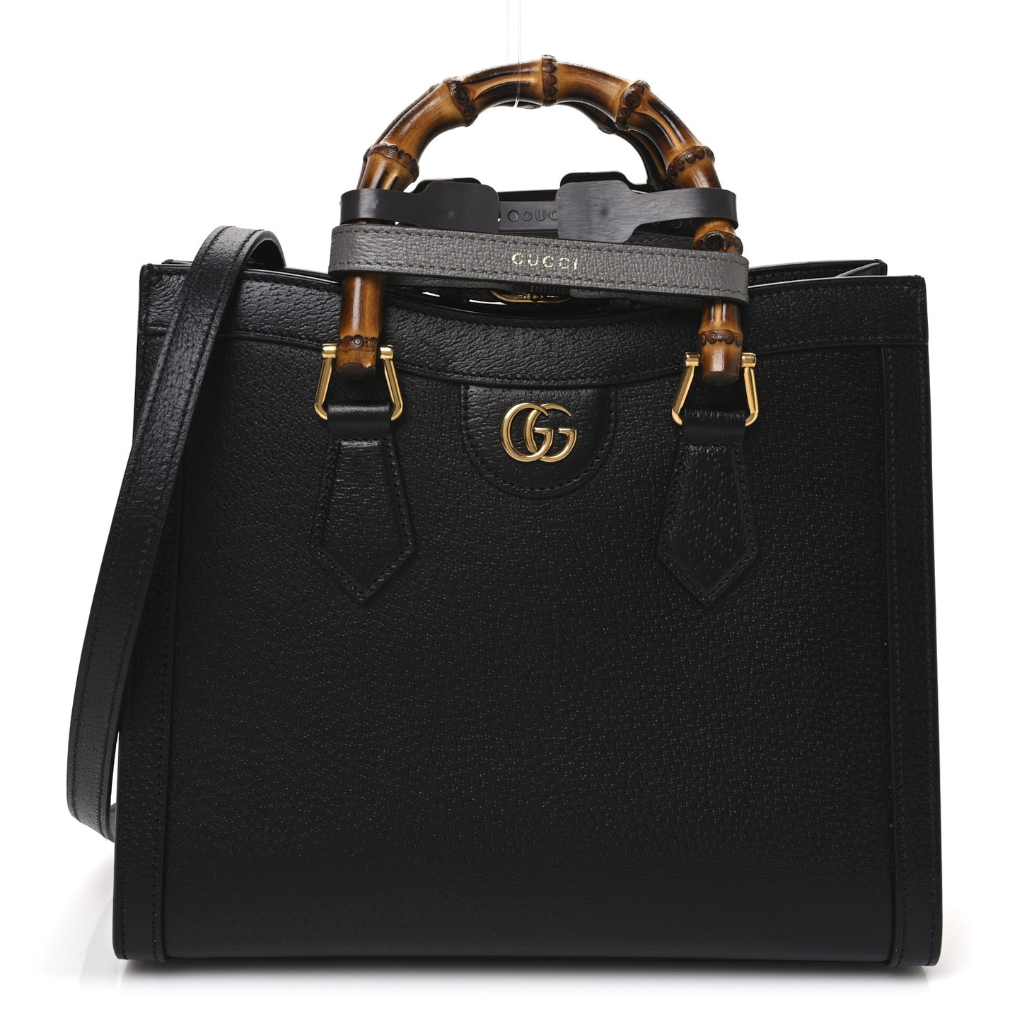 Textured Dollar Calfskin Web Small Diana Tote Bag Black Dusty Grey