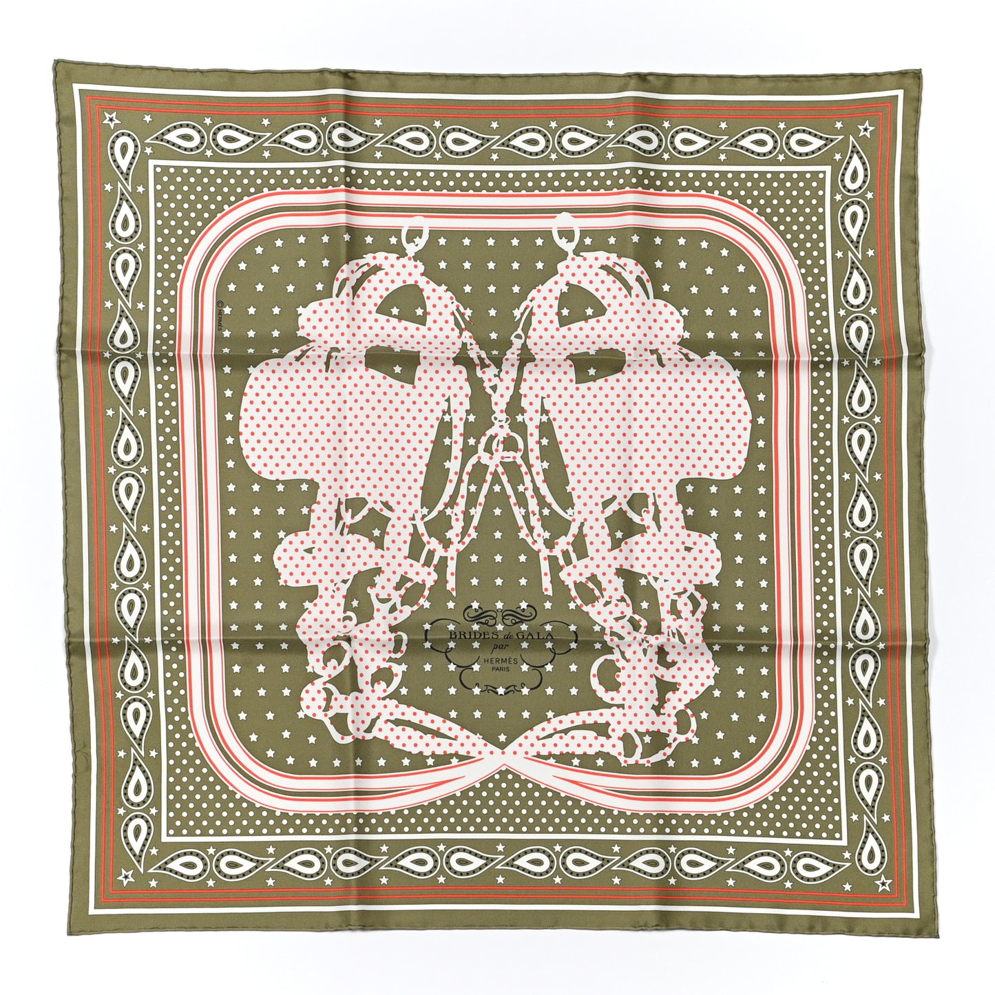 Silk Brides De Gala A Pois Bandana Scarf 55 Kaki Corail White
