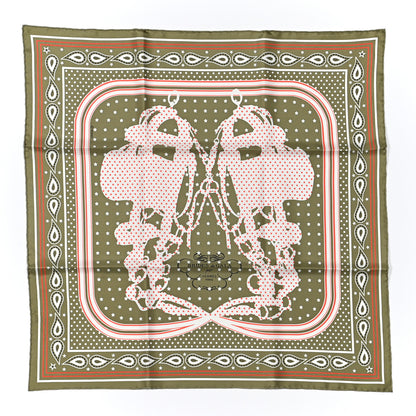 Hermes Silk Brides De Gala A Pois Bandana Scarf 55 Kaki Corail White 1 of 4