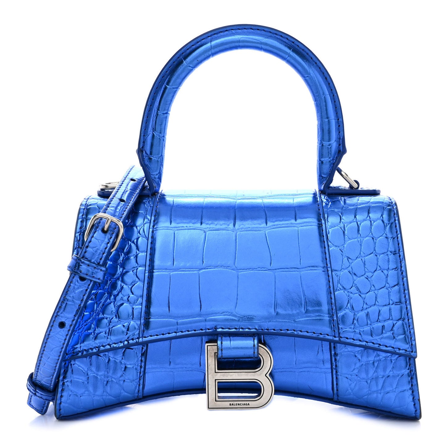 Metallic Shiny Calfskin Crocodile Embossed Hourglass Top Handle Bag XS Royal Blue