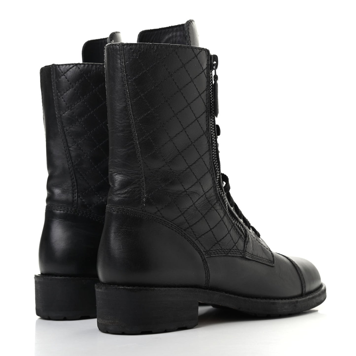 Calfskin Quilted Lace Up Combat Boots 36.5 Black