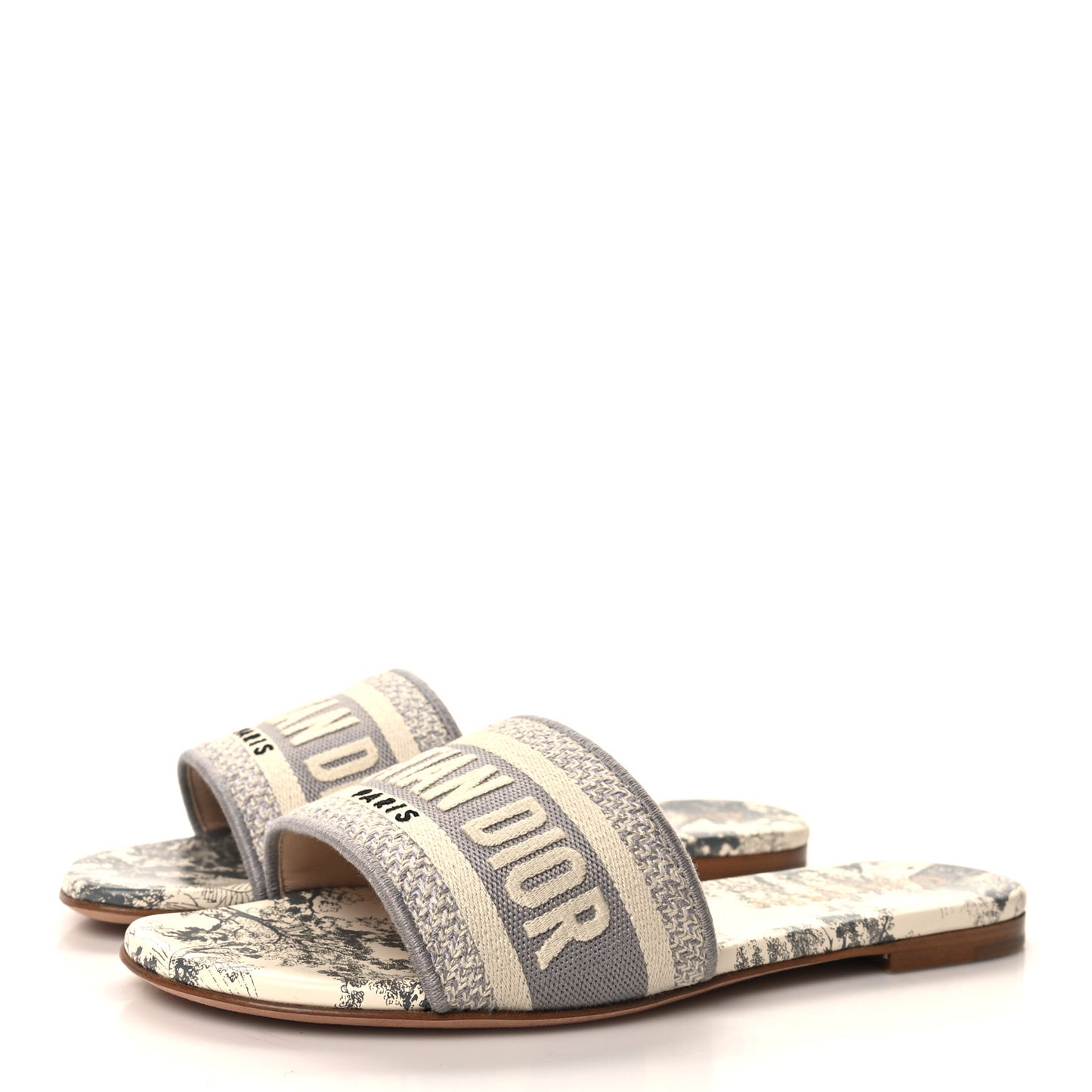 Canvas Toile De Jouy Embroidered Dway Flat Slide Sandals 35.5 Light Grey