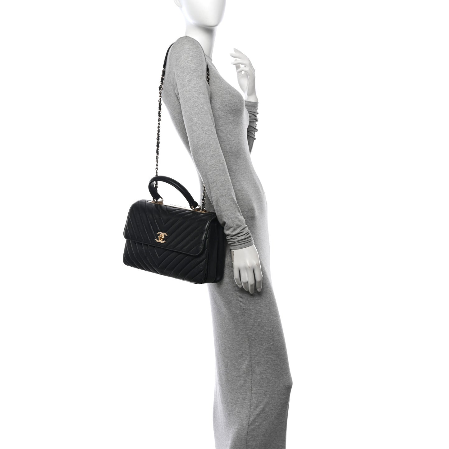 Lambskin Chevron Quilted Medium Trendy CC Dual Handle Flap Bag Black