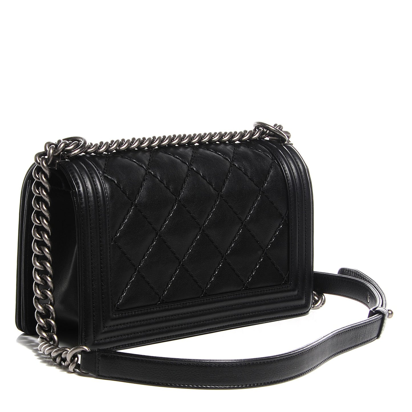 Calfskin Quilted Medium Double Stitch Boy Flap Black