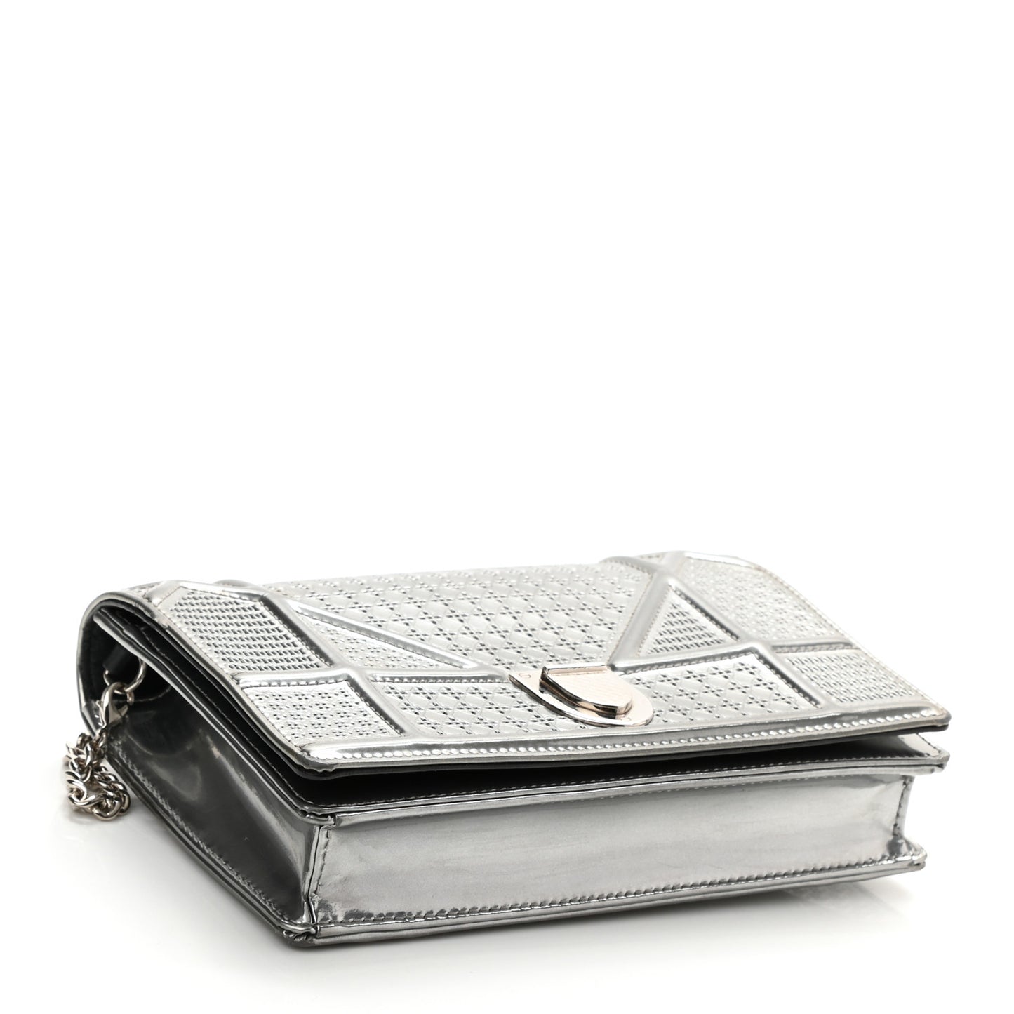 Metallic Patent Micro-Cannage Diorama Wallet on Chain Pouch Silver