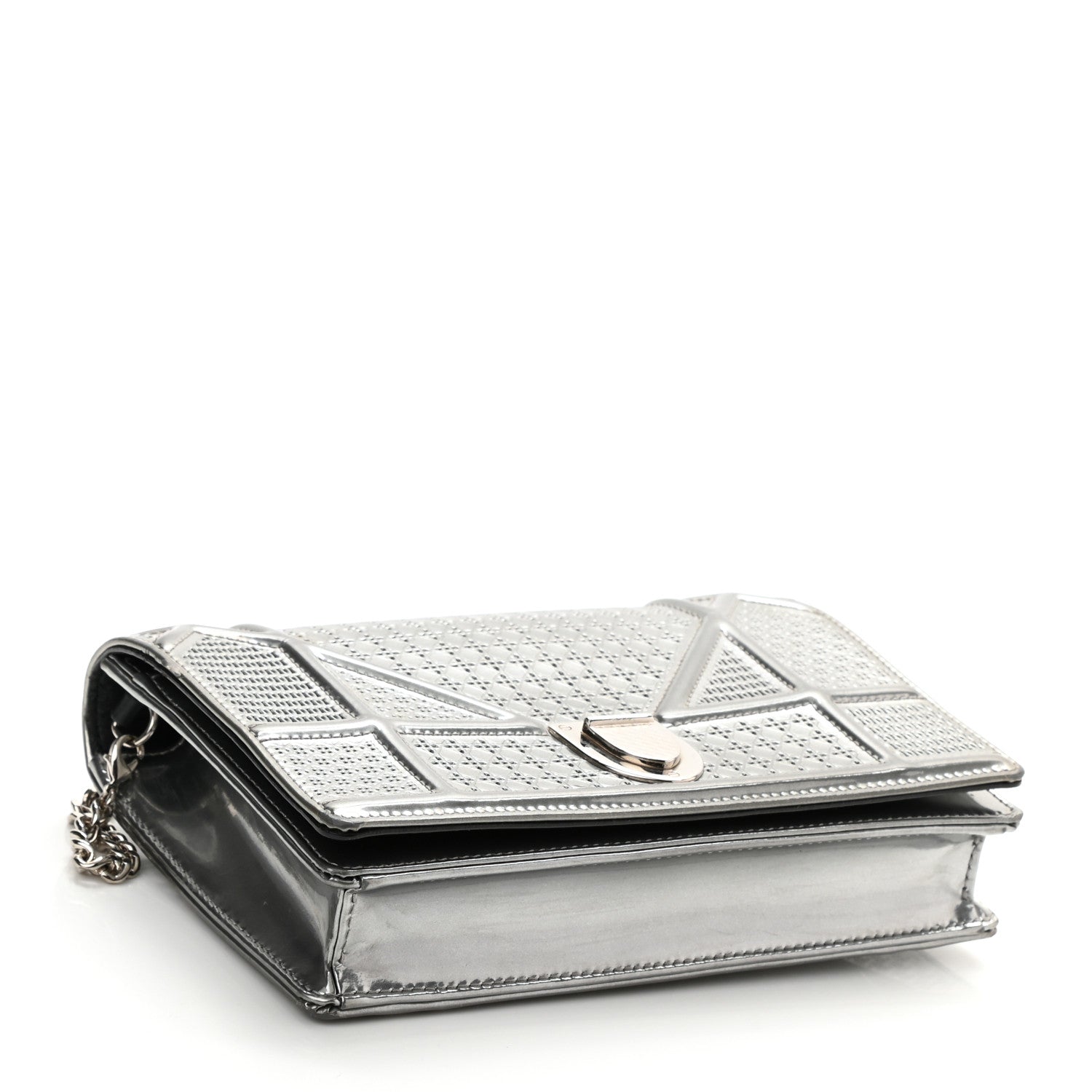 Christian Dior Metallic Patent Micro-Cannage Diorama Wallet on Chain Pouch Silver 4 of 8