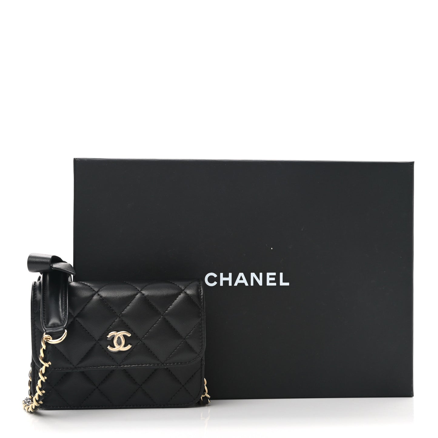 Lambskin Quilted Mini Coco Bow Clutch With Chain Black