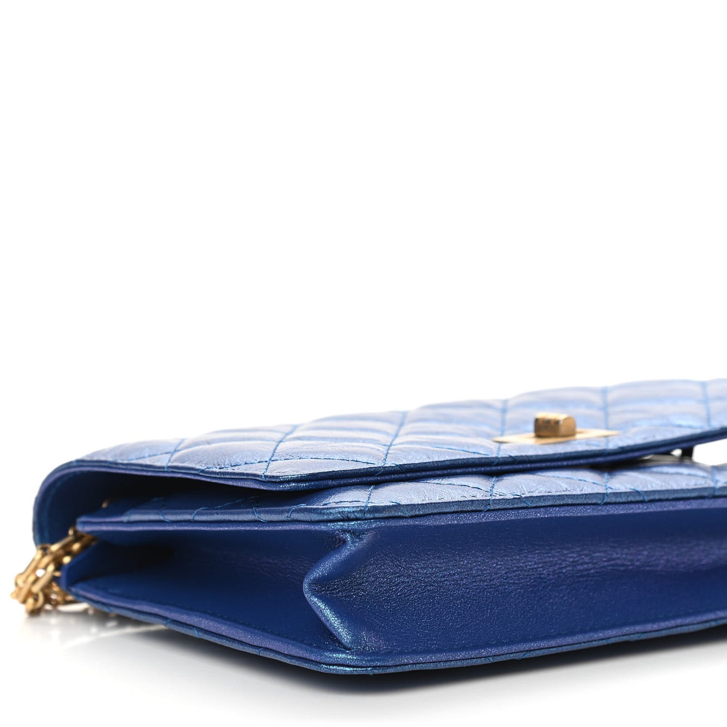 Metallic Aged Calfskin Quilted 2.55 Reissue Wallet on Chain WOC Blue