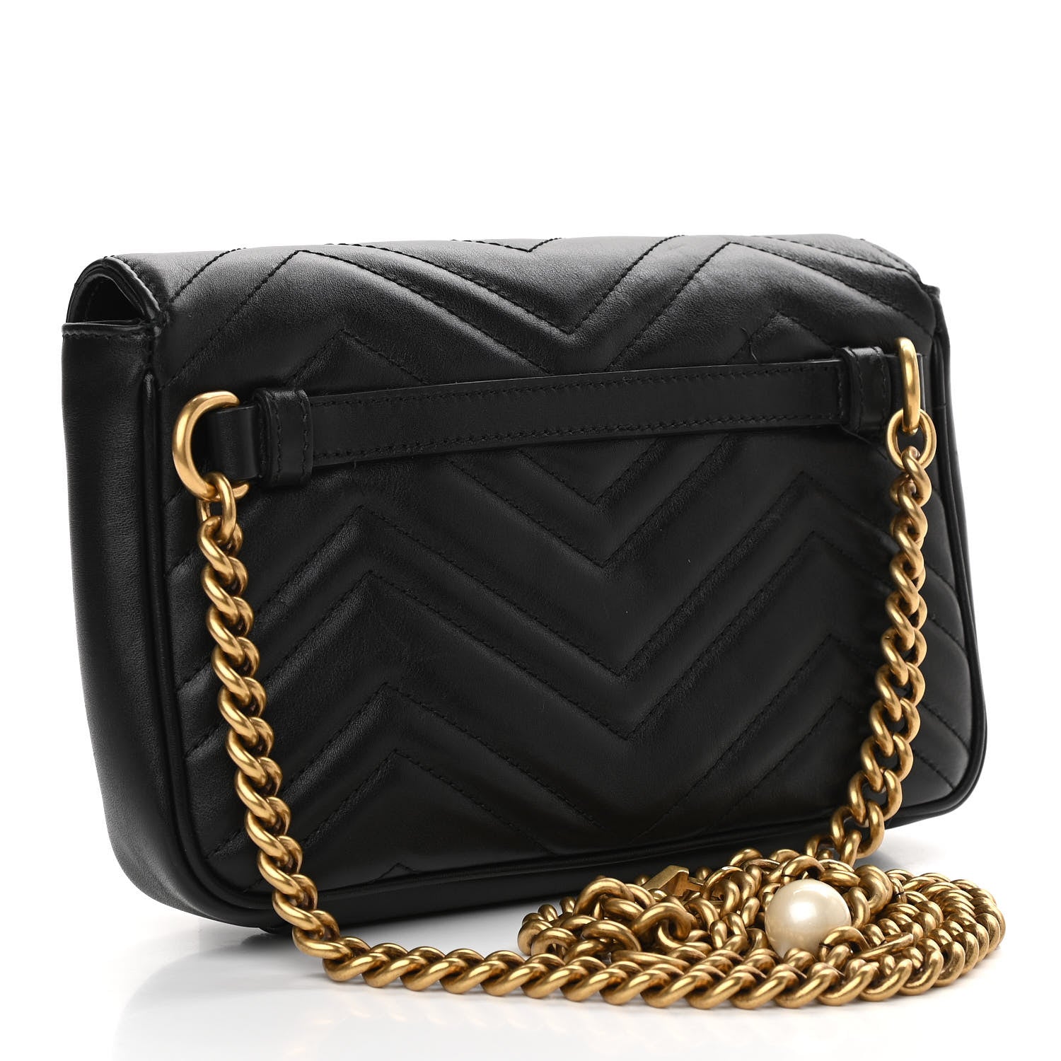 Gucci Calfskin Matelasse Pearly GG Marmont Chain Belt Bag Black 3 of 12