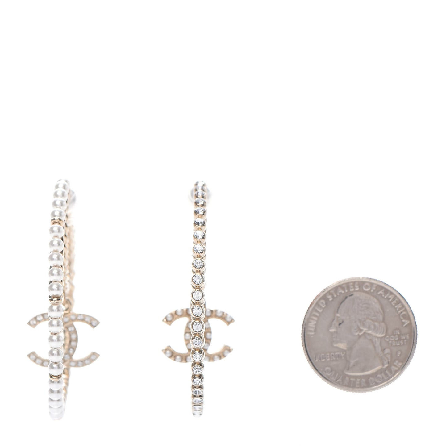 Crystal Pearl CC Drop Hoop Earrings Gold Pearly White