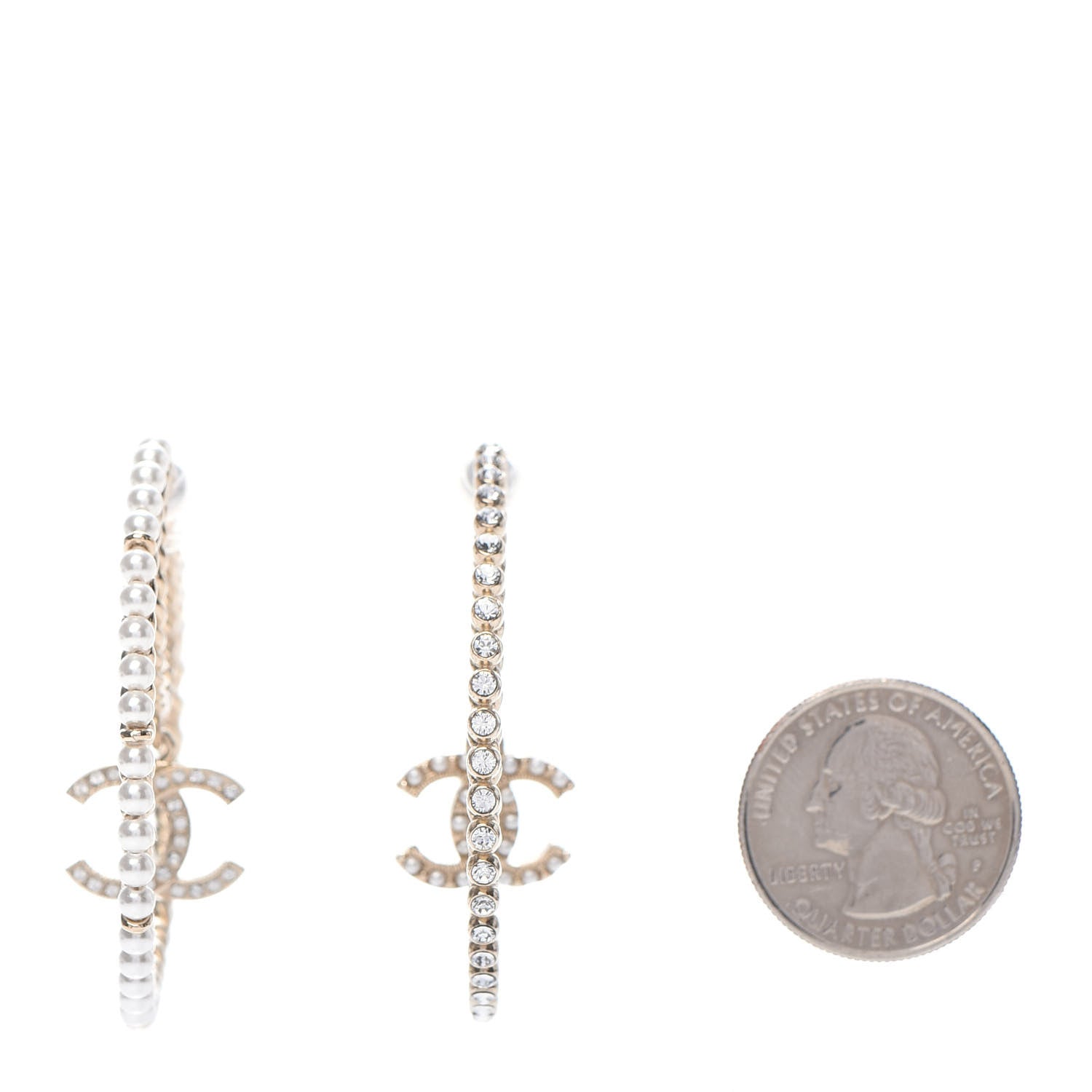 Chanel Crystal Pearl CC Drop Hoop Earrings Gold Pearly White 2 of 6