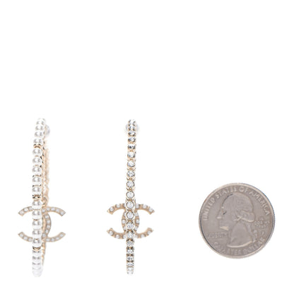 Chanel Crystal Pearl CC Drop Hoop Earrings Gold Pearly White 2 of 6