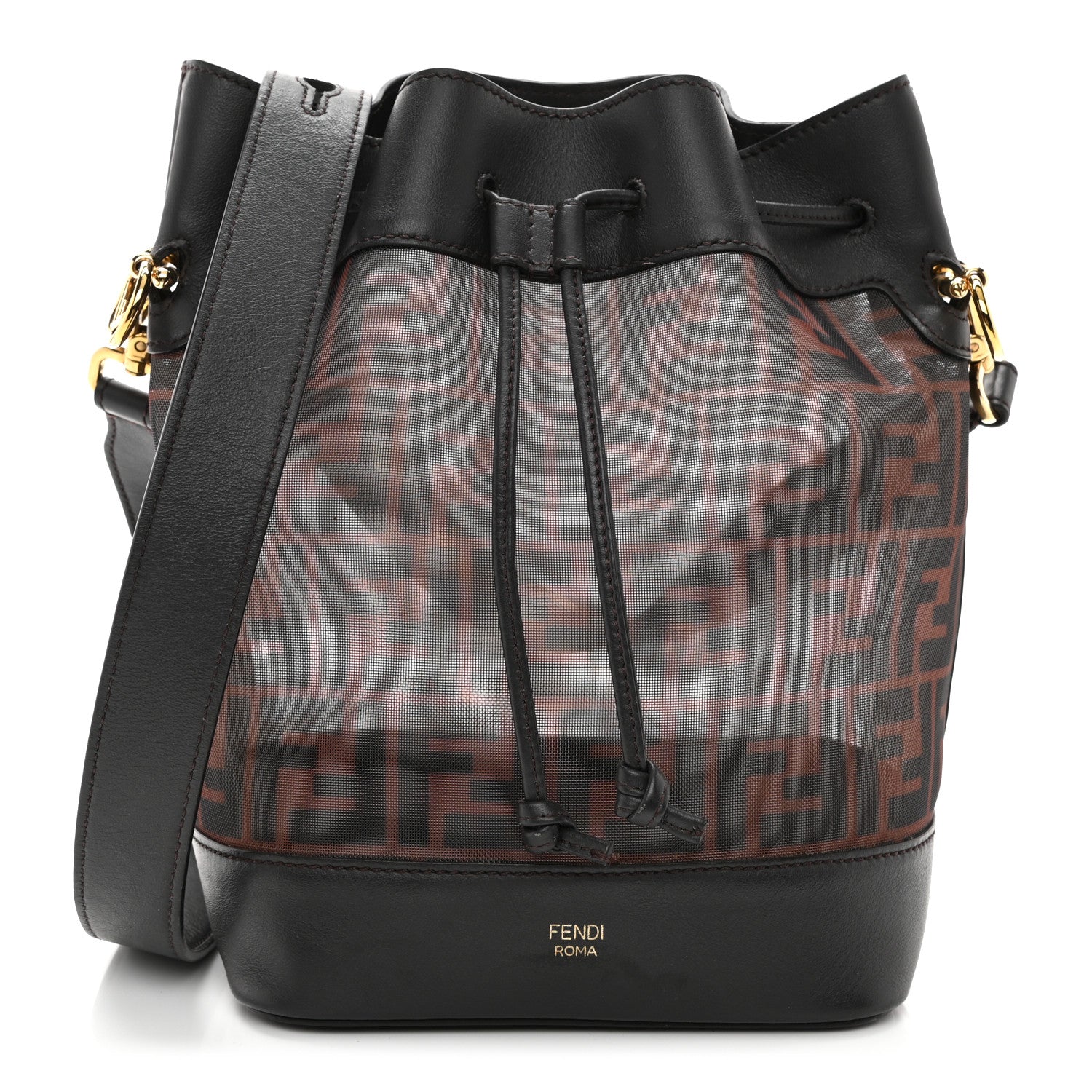 Fendi Mesh Vitello Grace F is Fendi FF 1974 Grande Mon Tresor Bucket Bag Marrone Black Ebano 1 of 10