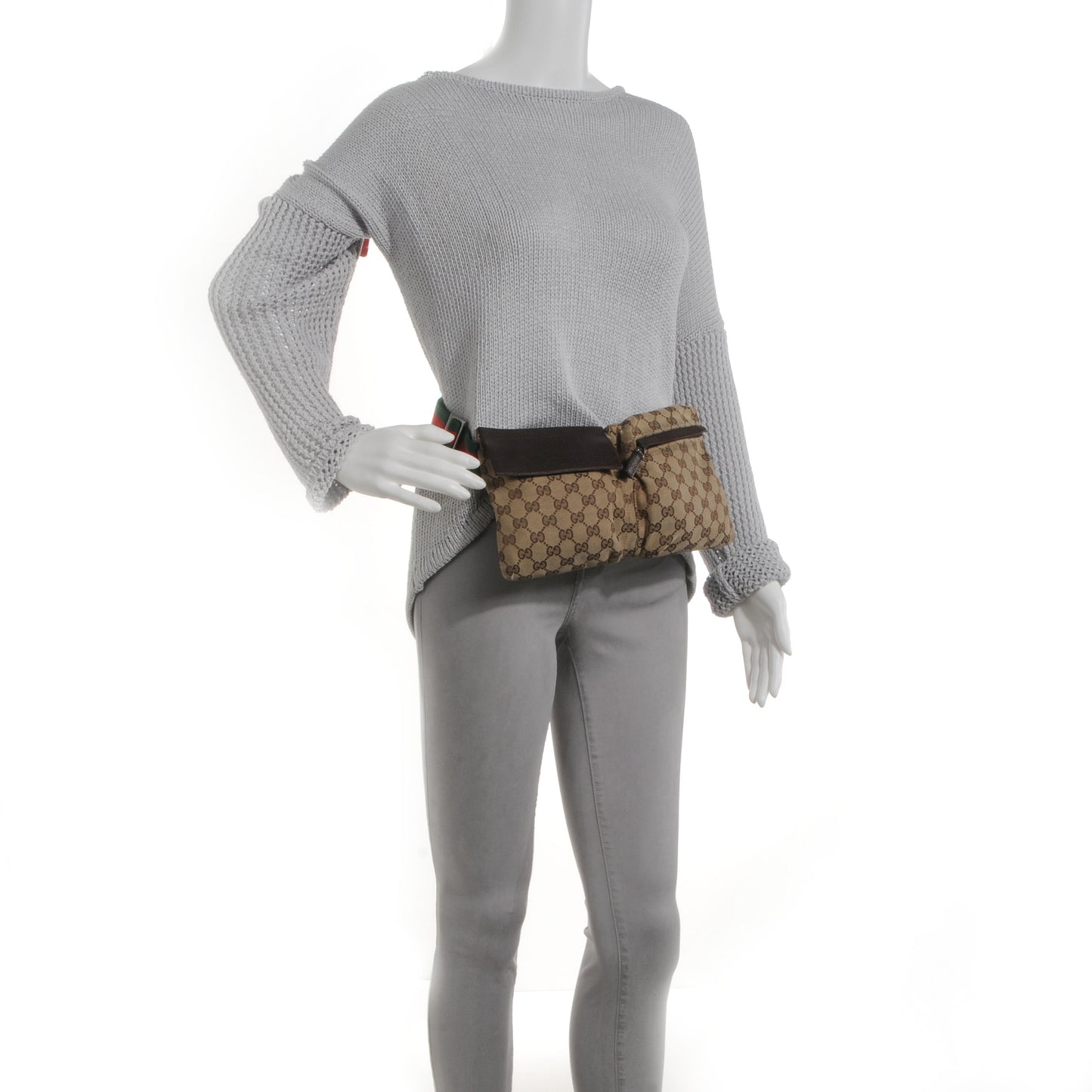 GG Monogram Web Double Pocket Belt Bag Dark Brown