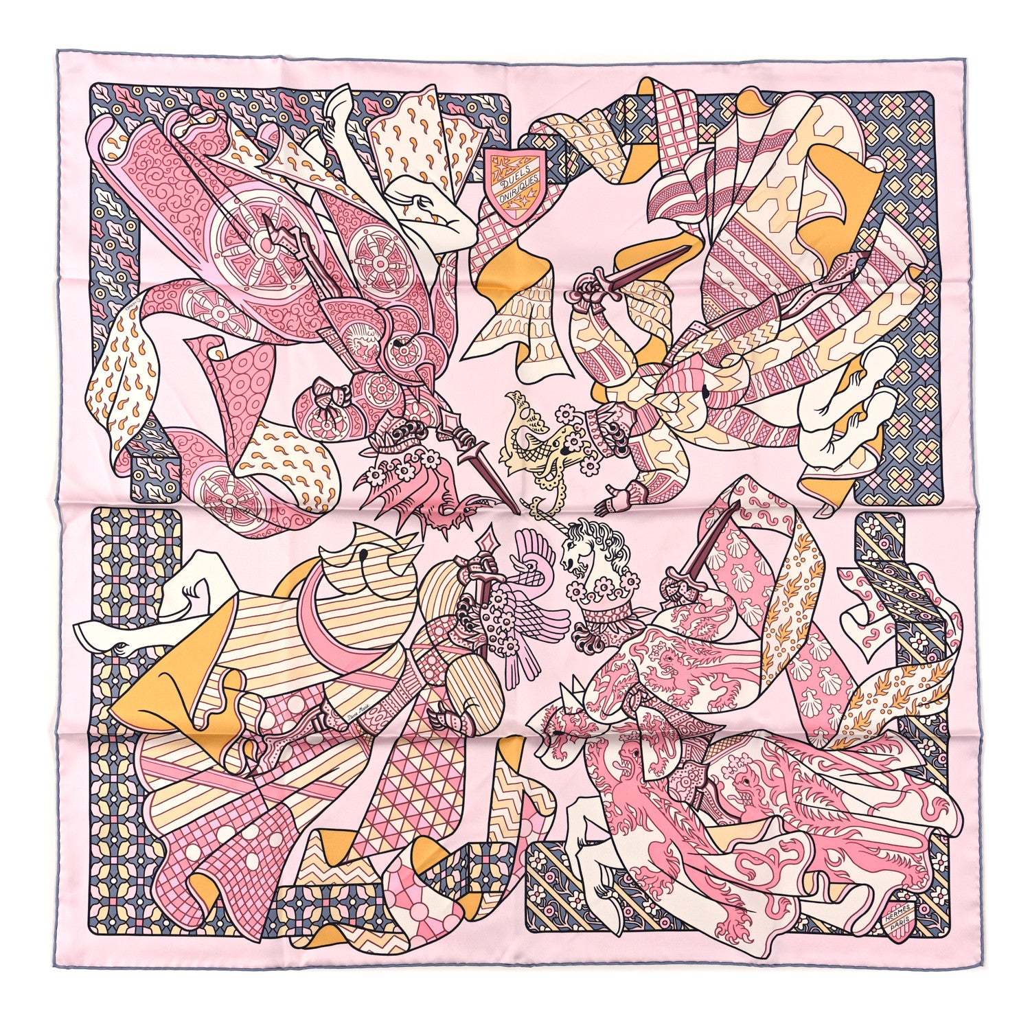 Hermes Silk Carre Duels Oniriques Scarf 90 Rose Pale Gris Jaune 1 of 3