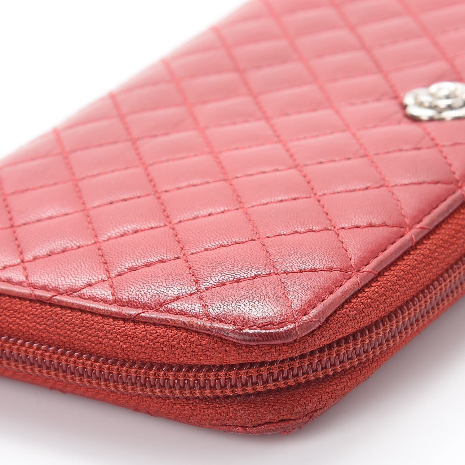 Chanel Lambskin Quilted Camellia Zip Around Large Gusset Wallet Red 11 of 12