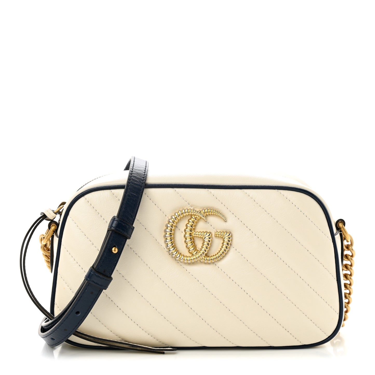 Vintage Effect Calfskin Matelasse Diagonal Small Torchon GG Marmont Chain Shoulder Bag Mystic White Blue Agata
