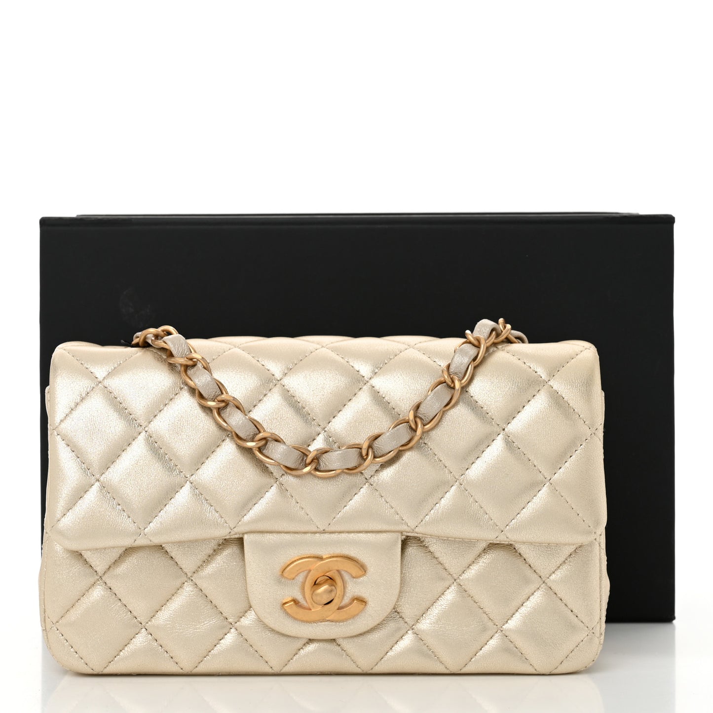 Metallic Lambskin Quilted Mini Rectangular Flap Gold