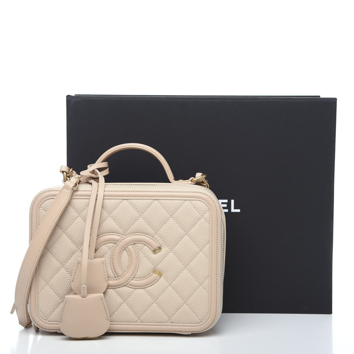 Caviar Quilted Medium CC Filigree Vanity Case Light Beige