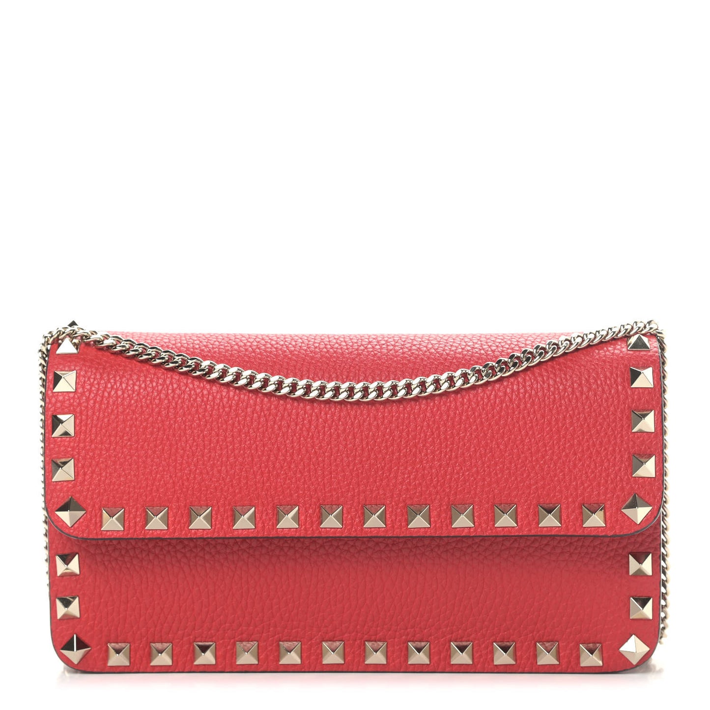Pebbled Calfskin Rockstud Flap Wallet On Chain Rouge Pur