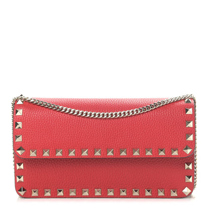 Valentino Garavani Pebbled Calfskin Rockstud Flap Wallet On Chain Rouge Pur 1 of 8