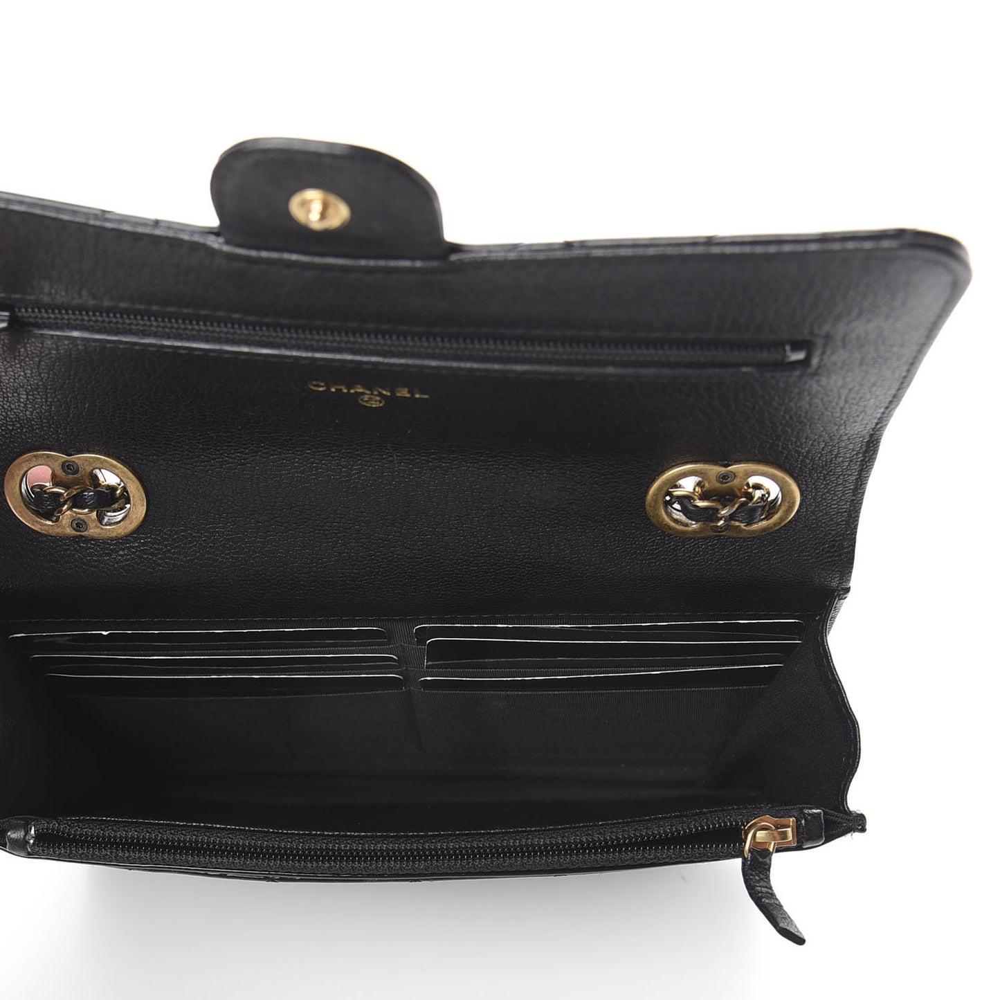 Patent Goatskin Quilted CC Eyelet Wallet On Chain WOC Black