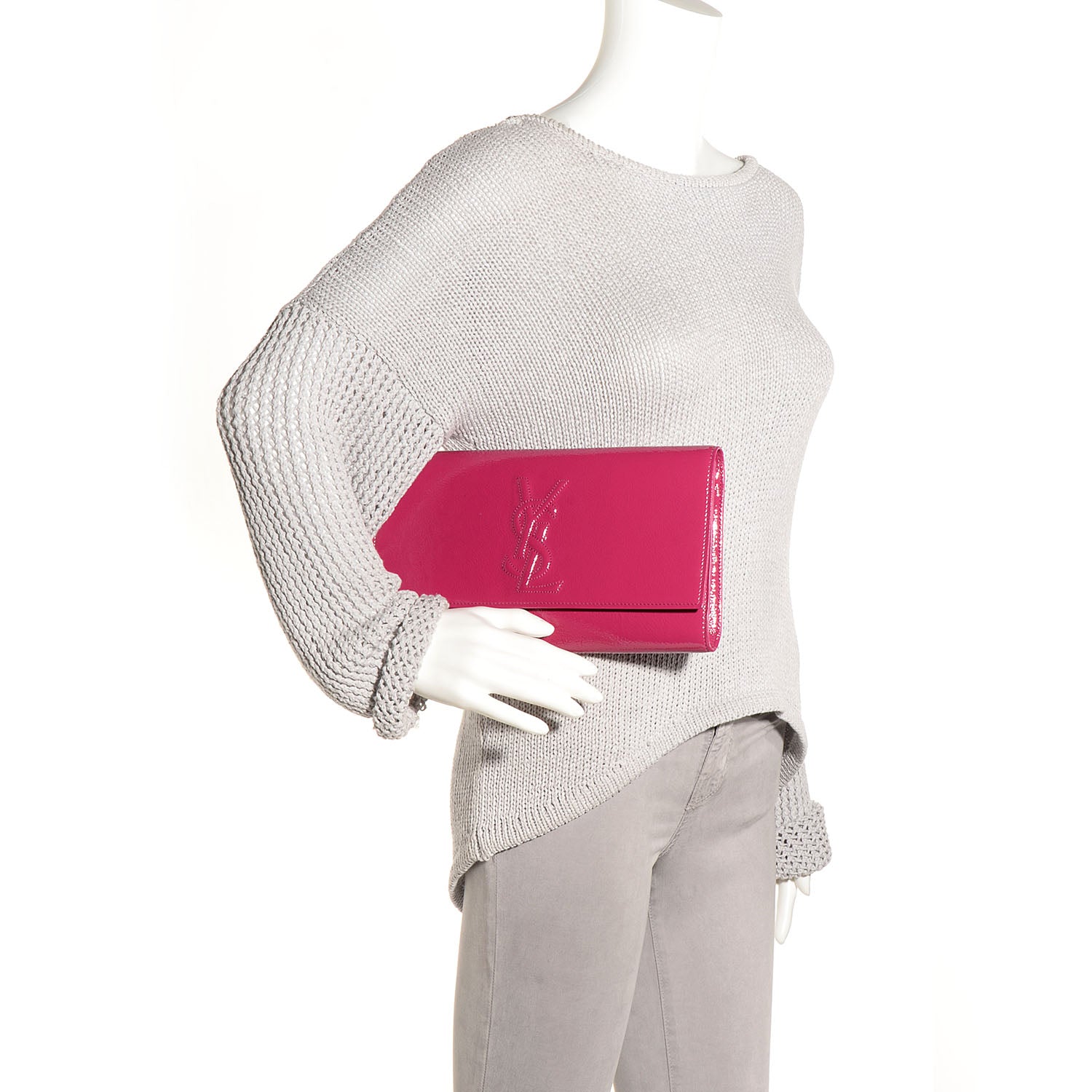 Saint Laurent Textured Patent Monogram Large Belle De Jour Clutch Fuchsia 2 of 7
