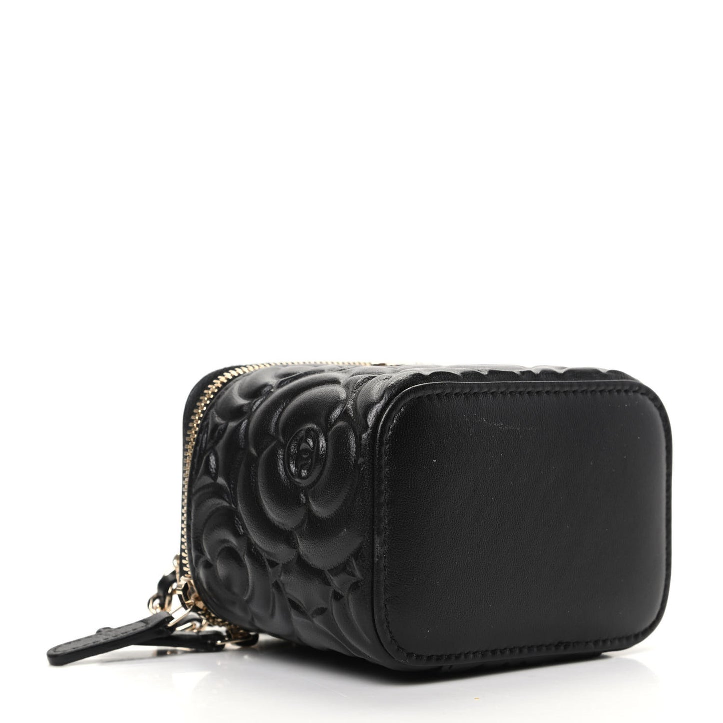 Lambskin Camellia Embossed Mini Vanity Case With Chain Black