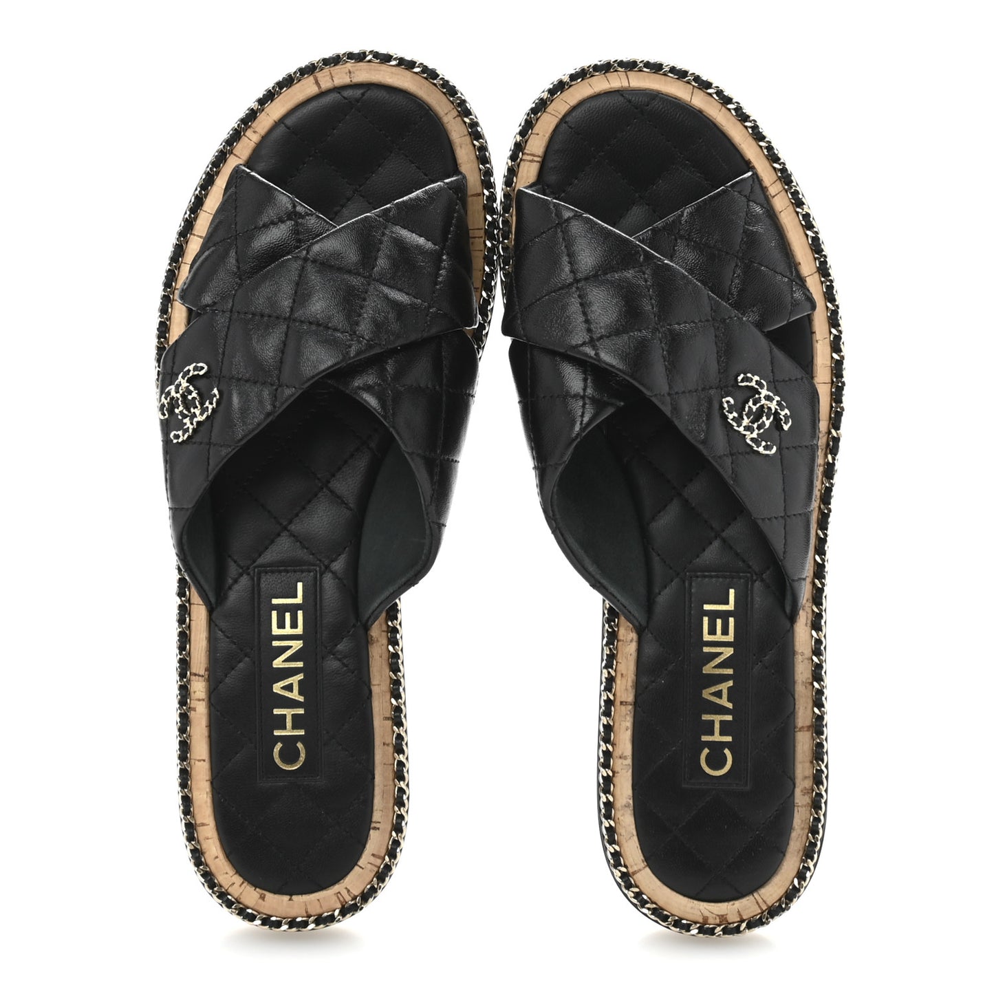 Lambskin Quilted Chain CC Sandals 39 Black