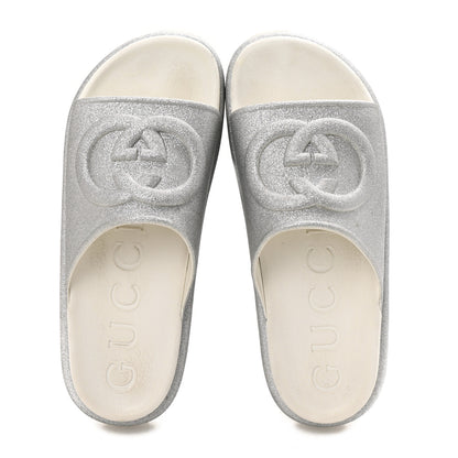 Gucci Glitter Rubber Womens Interlocking G Platform 42mm Slide Sandals 40 Silver 2 of 10