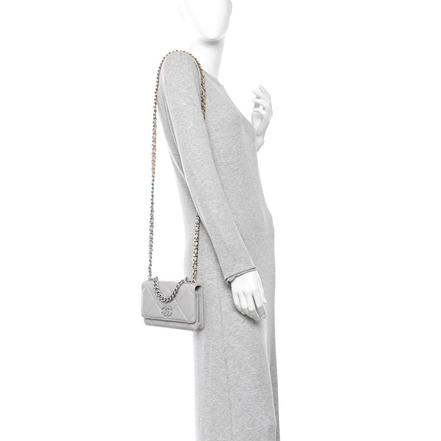 Lambskin Quilted Chanel 19 Wallet On Chain WOC Grey