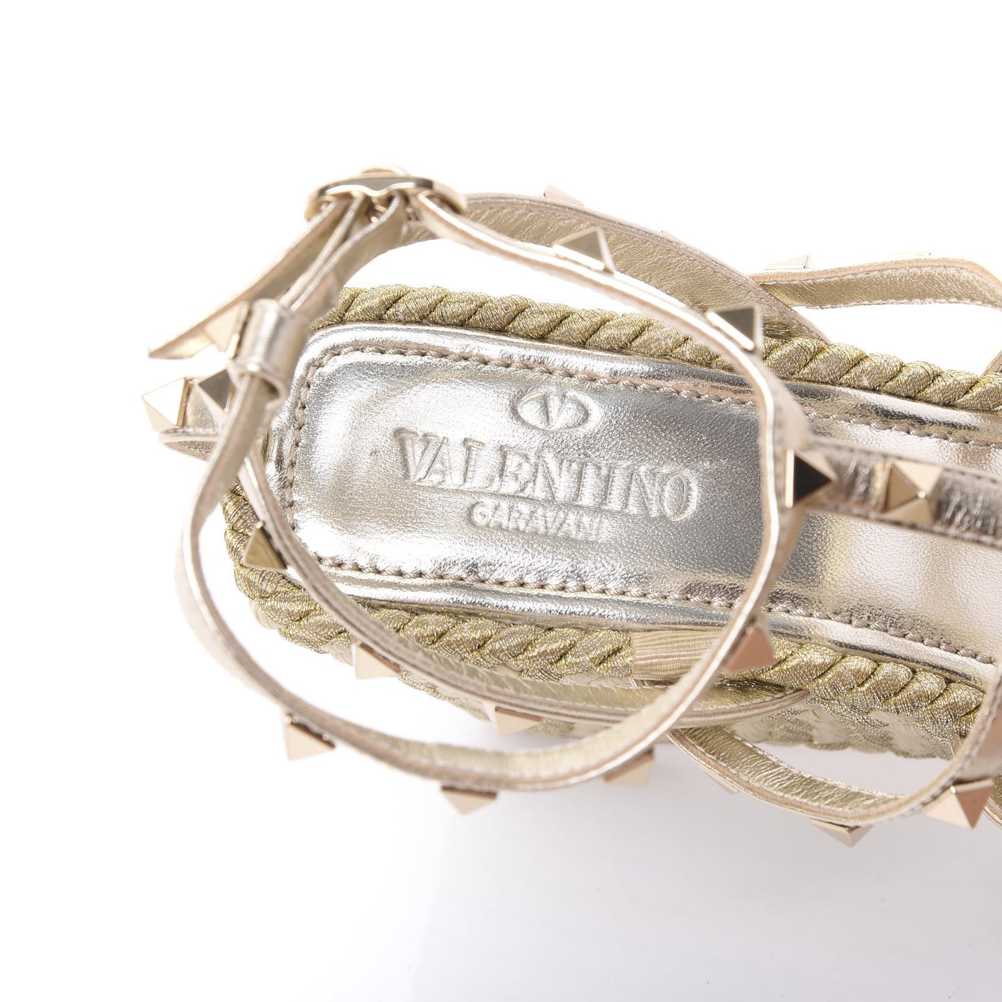 Metallic Nappa Rockstud Ankle Strap Torchon Espadrille Caged 25/95mm Wedge Sandals 38 Platino