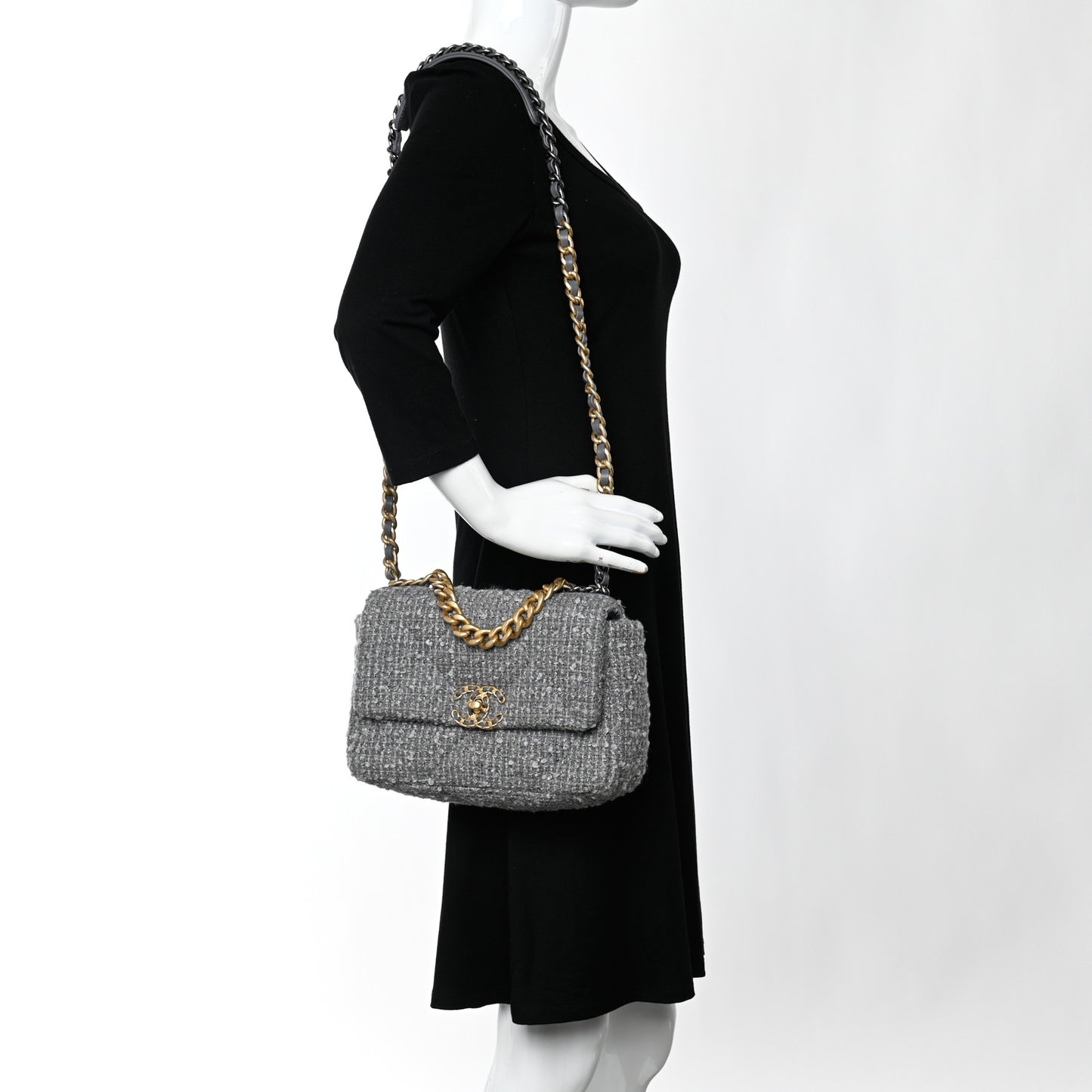Tweed Quilted Medium Chanel 19 Flap Grey