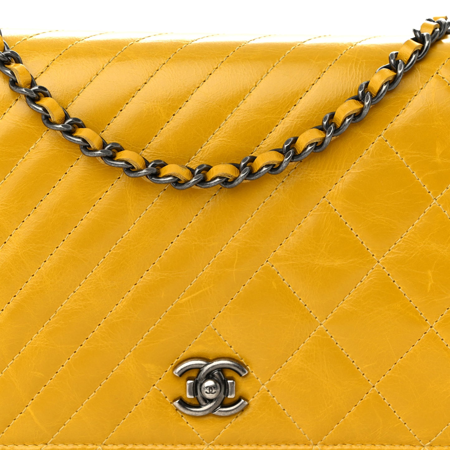 Glazed Calfskin Quilted Coco Boy Wallet On Chain WOC Dark Yellow