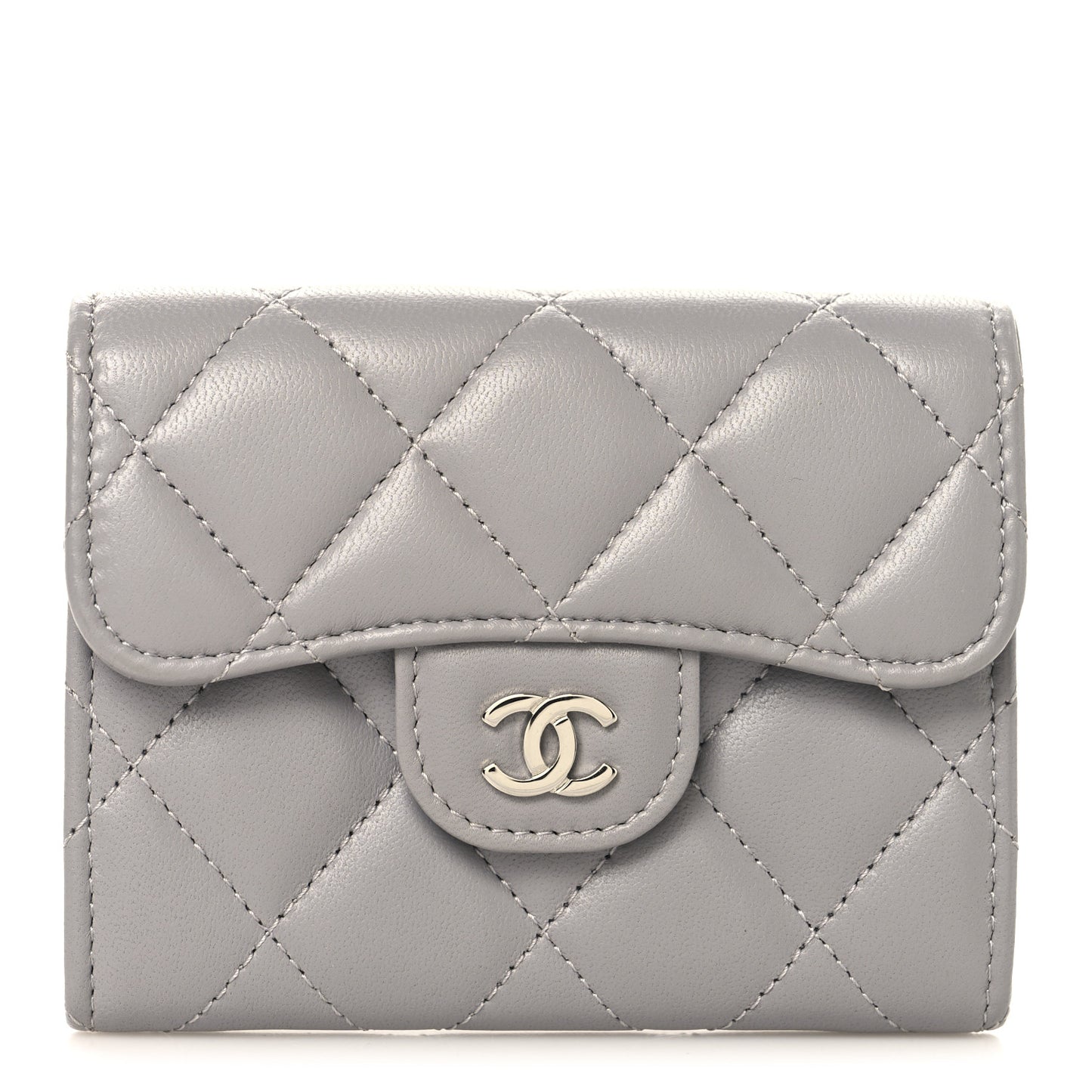 Lambskin Quilted Flap Card Holder Wallet Grey