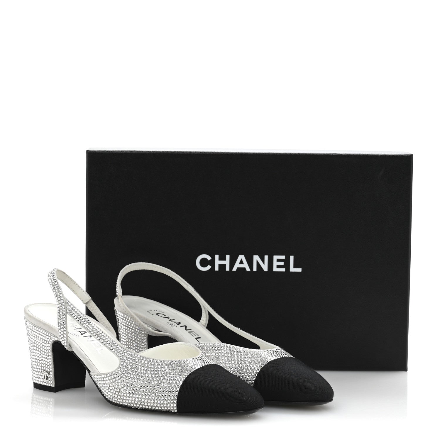 Chanel Strass Grosgrain Cap Toe CC Slingback Pumps 37.5 Silver Black 10 of 10