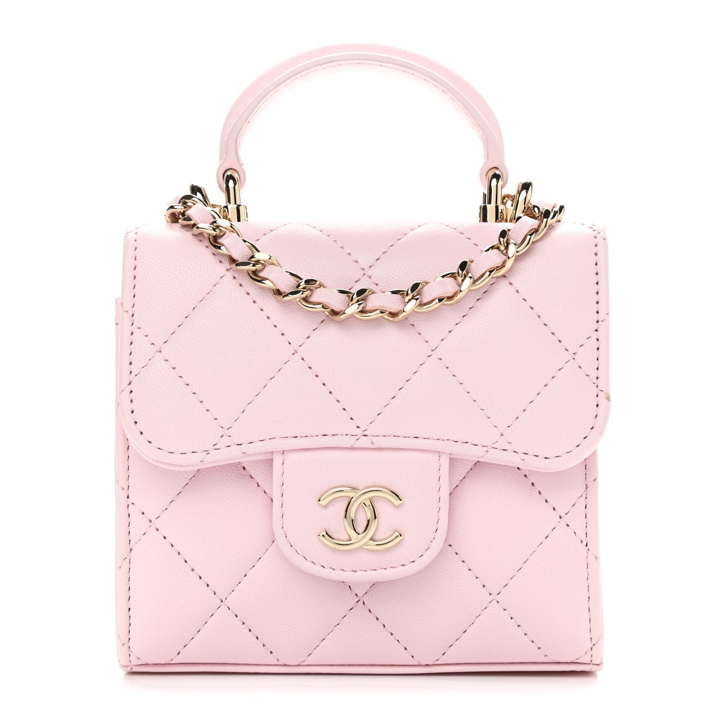 Lambskin Quilted Top Handle Clutch With Chain Light Pink