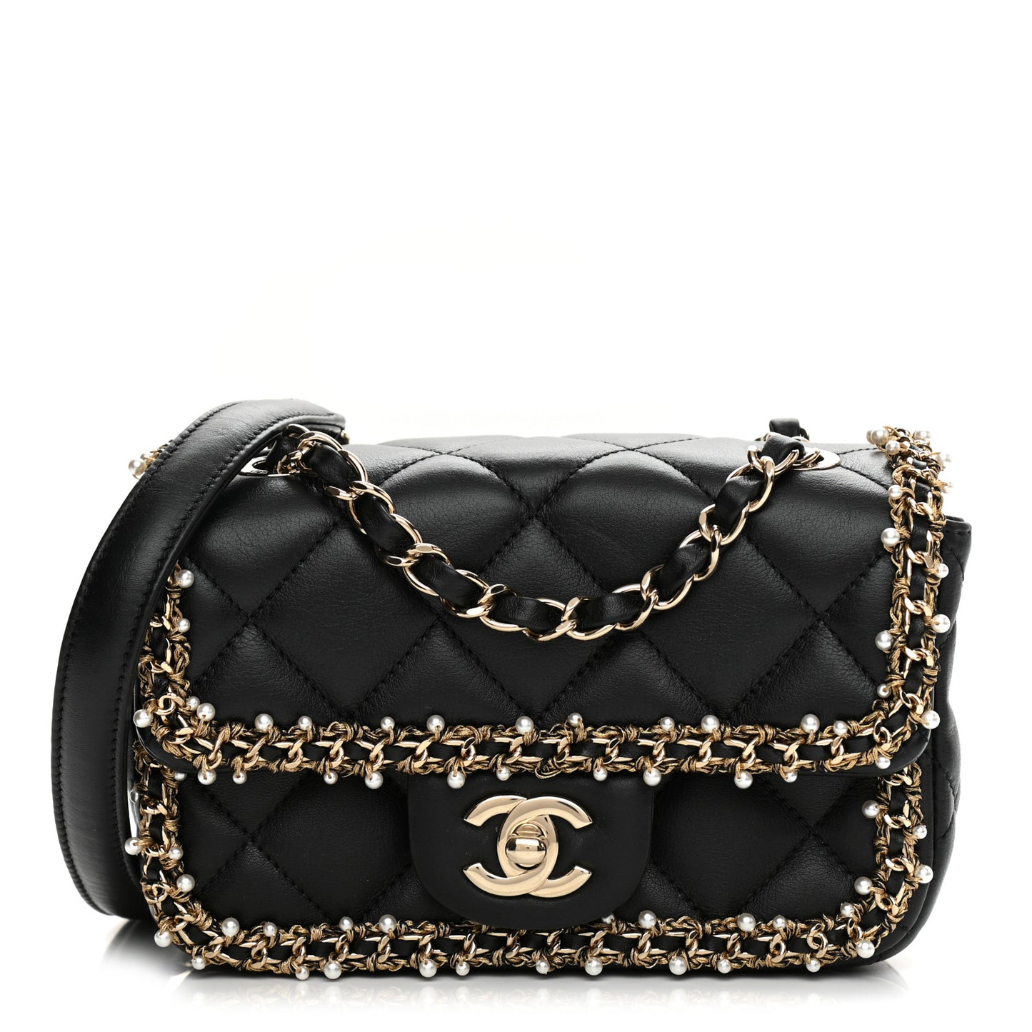 Lambskin Quilted Pearl Edge Mini Rectangular Flap Bag Black